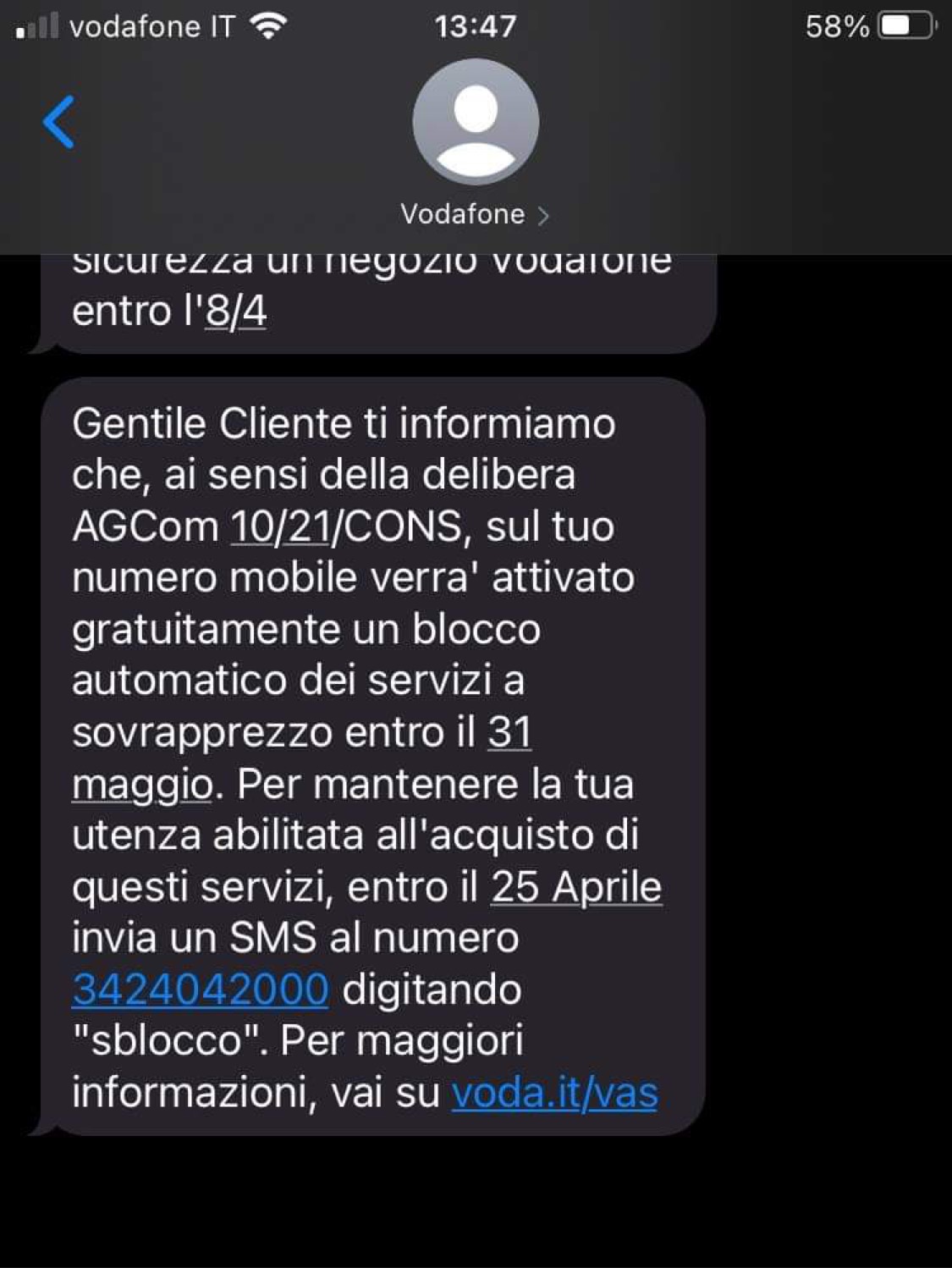 SMS Blocco Vodafone